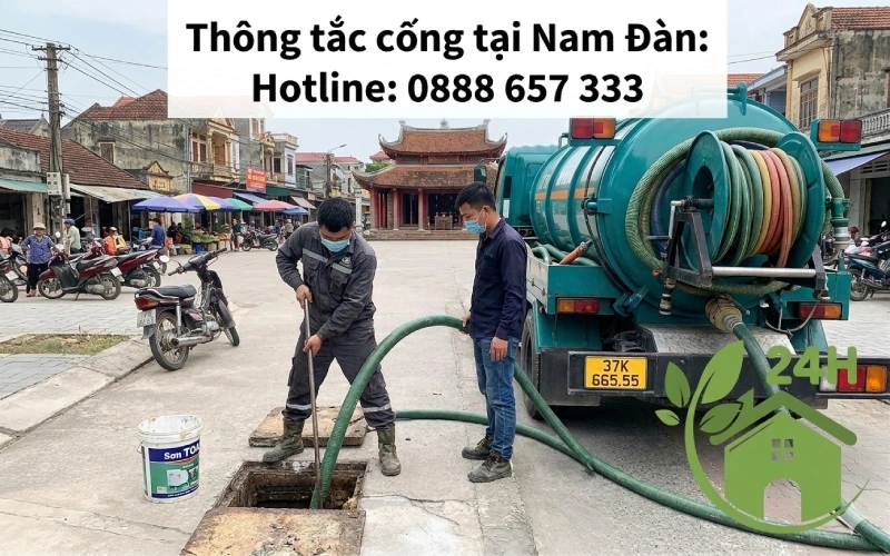 Đội thợ thông tắc cống tại Nam Đàn làm việc trực tiếp tại hiện trường