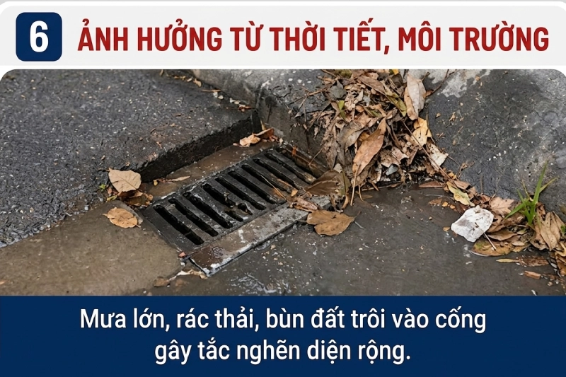 tắc cống do mưa lớn và rác thải