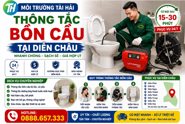 Thông tắc bồn cầu tại Diễn Châu bằng máy lò xo chuyên dụng - Môi Trường Tài Hải