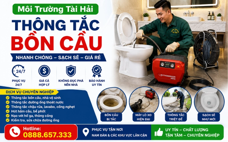 Kỹ thuật viên Môi Trường Tài Hải thông tắc bồn cầu tại Nam Đàn bằng máy lò xo chuyên dụng