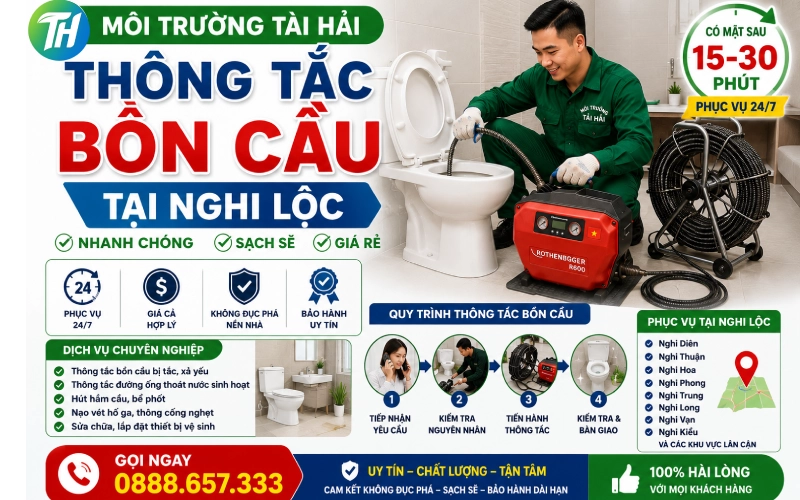 Thông tắc bồn cầu tại Nghi Lộc phục vụ 24/7, xử lý nhanh bằng máy chuyên dụng